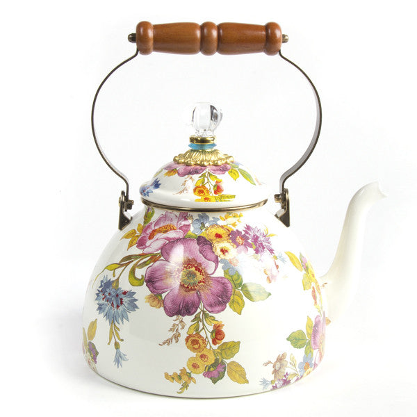 MacKenzie-Childs Flower Market Enamel 3 Quart Tea Kettle - White